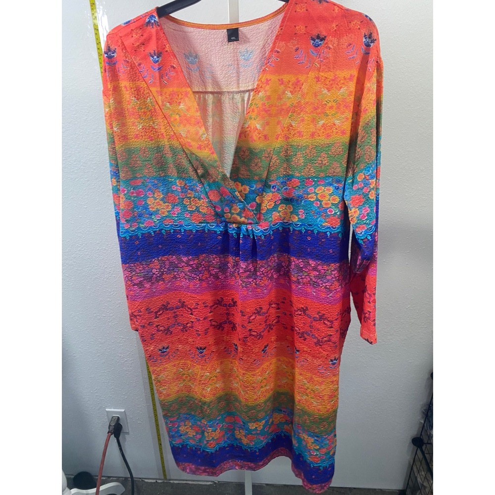 Multi Color Floral Stripe V-Neck Long Sleeve Shift Dress 4XL Boho Orange Blue